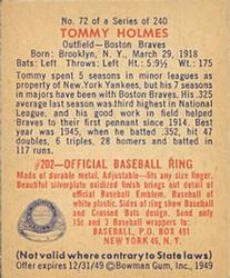 1949 Bowman #72 Tommy Holmes Back