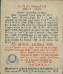 1949 Bowman #73 Billy Cox Back