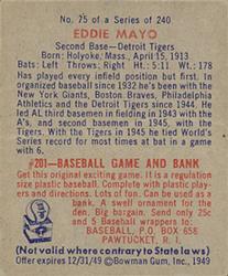 1949 Bowman #75 Eddie Mayo Back