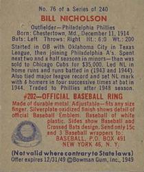 1949 Bowman #76 Bill Nicholson Back