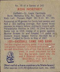 1949 Bowman #79 Ron Northey Back