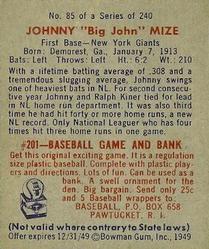 1949 Bowman #85 Johnny 