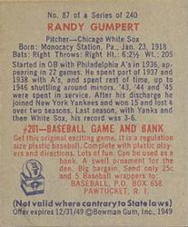 1949 Bowman #87 Randy Gumpert Back