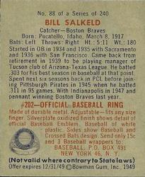 1949 Bowman #88 Bill Salkeld Back