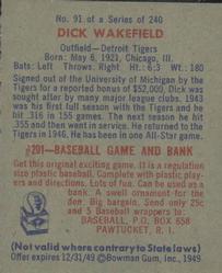 1949 Bowman #91 Dick Wakefield Back