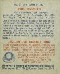 1949 Bowman #98 Phil Rizzuto Back