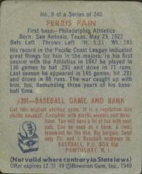 1949 Bowman #9 Ferris Fain Back