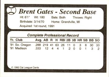 1992 Cal League All-Stars #1 Brent Gates Back