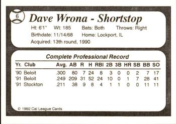 1992 Cal League All-Stars #6 Dave Wrona Back