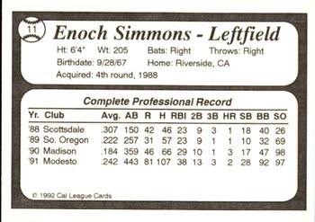1992 Cal League All-Stars #11 Enoch Simmons Back