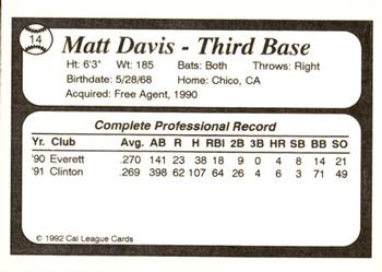 1992 Cal League All-Stars #14 Matt Davis Back