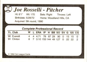 1992 Cal League All-Stars #17 Joe Rosselli Back
