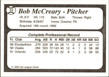 1992 Cal League All-Stars #33 Bob McCreary Back