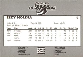 1994 Burger King Huntsville Stars #NNO Izzy Molina Back