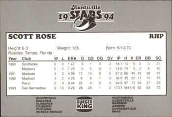 1994 Burger King Huntsville Stars #NNO Scott Rose Back
