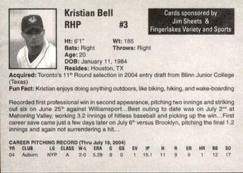 2004 Auburn Doubledays #3 Kristian Bell Back