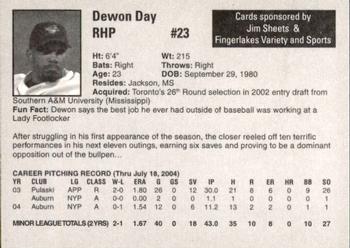 2004 Auburn Doubledays #7 Dewon Day Back