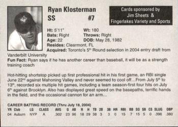 2004 Auburn Doubledays #18 Ryan Klosterman Back