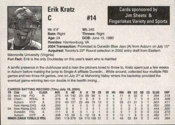 2004 Auburn Doubledays #19 Erik Kratz Back