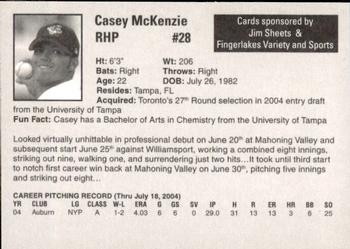 2004 Auburn Doubledays #26 Casey McKenzie Back