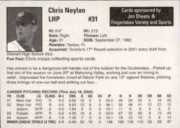 2004 Auburn Doubledays #29 Chris Neylan Back