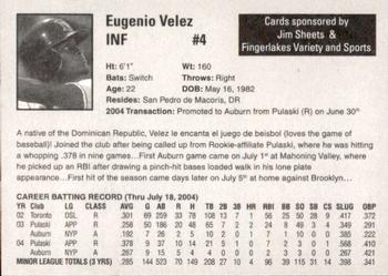 2004 Auburn Doubledays #40 Eugenio Velez Back