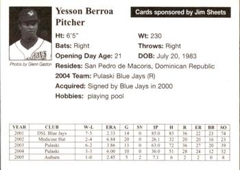 2005 Auburn Doubledays #7 Yesson Berroa Back