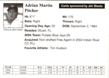 2005 Auburn Doubledays #19 Adrian Martin Back