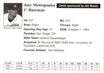 2005 Auburn Doubledays #21 Joey Metropoulos Back