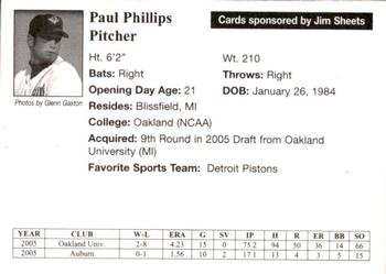 2005 Auburn Doubledays #25 Paul Phillips Back
