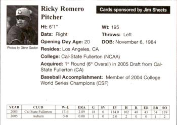 2005 Auburn Doubledays #28 Ricky Romero Back
