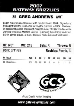 2007 Gateway Grizzlies #1 Greg Andrews Back