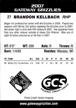 2007 Gateway Grizzlies #11 Brandon Kellbach Back