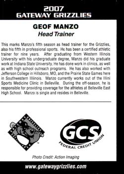 2007 Gateway Grizzlies #14 Geof Manzo Back