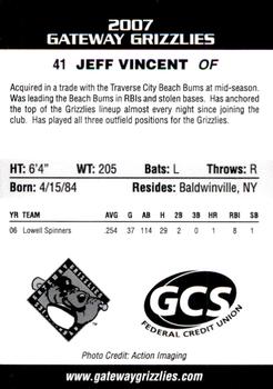 2007 Gateway Grizzlies #25 Jeff Vincent Back