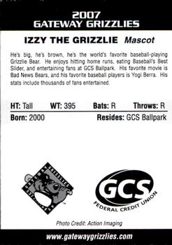 2007 Gateway Grizzlies #NNO Izzy The Grizzlie Back