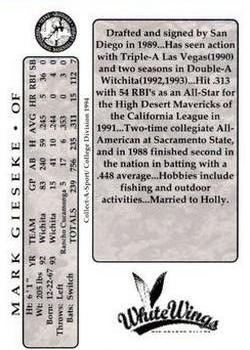1994 Collect-A-Sport Rio Grande Valley WhiteWings #9 Mark Gieseke Back