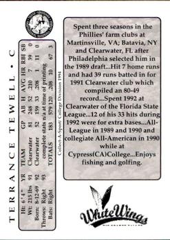 1994 Collect-A-Sport Rio Grande Valley WhiteWings #23 Terrance Tewell Back