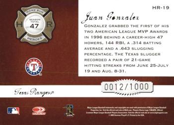 2005 Donruss Classics - Home Run Heroes #HR-19 Juan Gonzalez Back