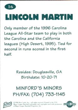 1996 Best Carolina League All-Stars 2 #16 Lincoln Martin Back