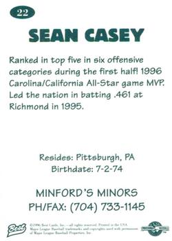 1996 Best Carolina League All-Stars 2 #22 Sean Casey Back