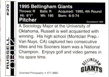 1995 Bellingham Giants #20 Russell Ortiz Back
