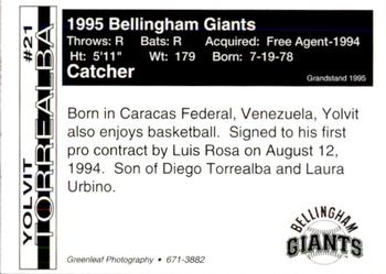 1995 Bellingham Giants #21 Yorvit Torrealba Back