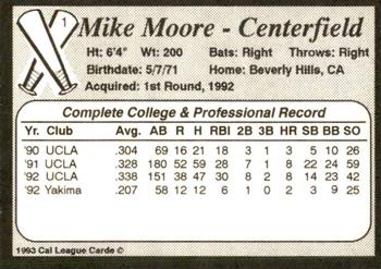 1993 Cal League Bakersfield Dodgers #1 Michael Moore Back