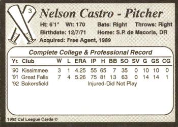 1993 Cal League Bakersfield Dodgers #3 Nelson Castro Back