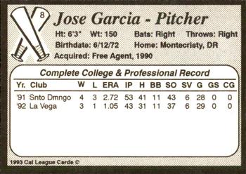 1993 Cal League Bakersfield Dodgers #8 Jose Garcia Back