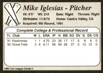 1993 Cal League Bakersfield Dodgers #11 Mike Iglesias Back
