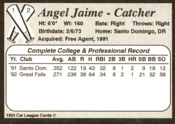 1993 Cal League Bakersfield Dodgers #12 Angel Jaime Back