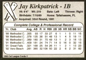 1993 Cal League Bakersfield Dodgers #14 Jay Kirkpatrick Back
