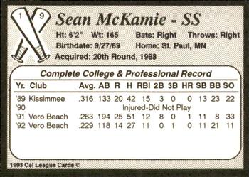 1993 Cal League Bakersfield Dodgers #19 Sean McKamie Back